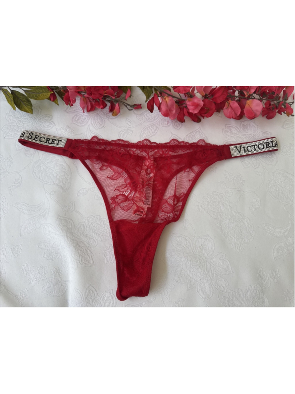 VICTORIA'S SECRET XL VERY SEXY RED LACE RHINESTONE BLING STRAP THONG PANTIES NWT